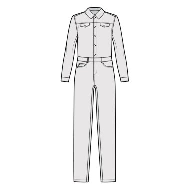 Denim tulumu Dungaree teknik moda illüstrasyonuyla tam boy, düğme kapatma, uzun kollu