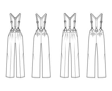 Pantolon askısı Dungarees teknik moda illüstrasyonları tam boy, normal bel altı, yüksek bel, cepler