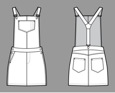 Dungaree elbisesi Denim tulumu, mini boy, normal bel, yüksek atlama, cepleri olan teknik tasvirler.