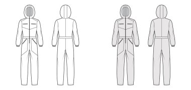 Kayak tulumu. Teknik moda illüstrasyonu. Uzunluğu, kaputu, fermuarı, yüksek binaları, cepleri var.