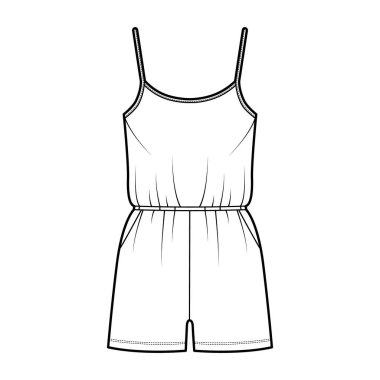 Gecelik tulumu Dungaree, mini boy, elastik bel, büyük beden, cepleri olan teknik moda illüstrasyonları.