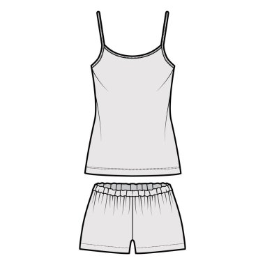 Gecelik kısa pijama kısa gecelik teknik moda illüstrasyonu kepçe yaka Cami, mini boy, düşük bel.