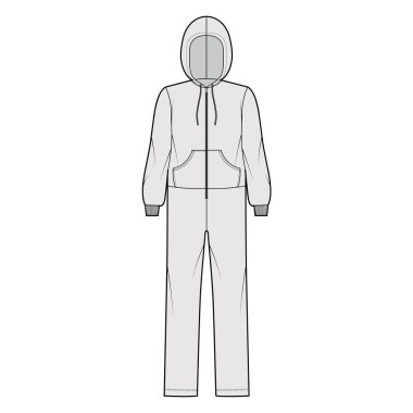 Tulum, tulum, pijama, teknik moda. Uzun, kapüşonlu, fermuarlı, kanguru kesesi.