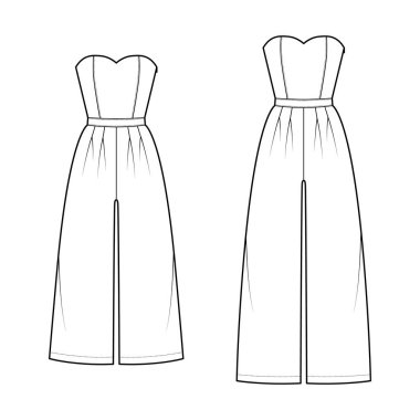 Bir takım tulumlar. Pantolonlar. Ayak bileği uzunluğunda, yüksek katlı, çift katlı, teknik moda çizimleri.