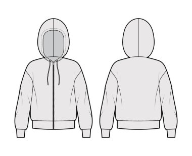 Fermuarlı kapüşonlu kapüşonlu sweatshirt, uzun kollu, büyük beden, manşet, askılı ip. Düz giysi.