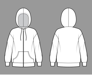 Fermuarlı kapüşonlu kapüşonlu sweatshirt uzun kollu, büyük beden, kanguru kesesi, bantlı etek