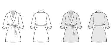 Bornoz giydirme teknik tasviri. Açık büfe, mini boy, büyük boy, kravat, dirsek kollu.