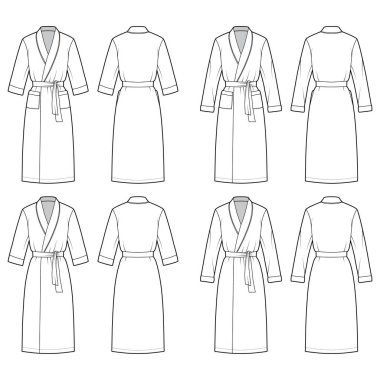 Bornoz takım elbise giyme teknik moda illüstrasyon açık, diz boyu, kravat, dirsek uzun kollu.