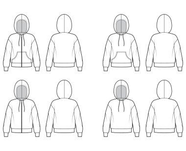 Uzun kollu, büyük beden, kanguru kesesi, pirzola manşetli fermuarlı kapüşonlu, teknik moda illüstrasyonları.