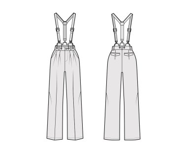 Pantolon askısı, Dungarees teknik moda illüstrasyonu, tam boy, normal bel, yüksek atlama, cep. Düz giysi.