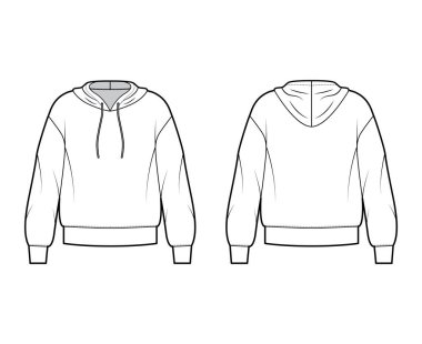 Kapüşonlu kazak uzun kollu, büyük beden, bantlı etek, kol manşetli teknik moda illüstrasyonu. Düz büyük