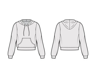 Uzun kollu kapüşonlu kapüşonlu sweatshirt, rahat vücut, kanguru kesesi, bantlı etek, askılı tel.