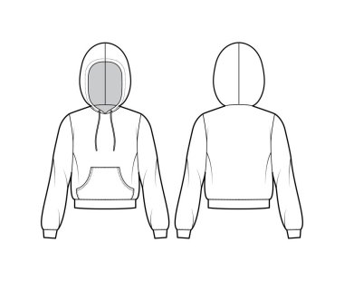 Uzun kollu kapüşonlu kapüşonlu sweatshirt, rahat vücut, kanguru kesesi, bantlı etek, askılı tel.