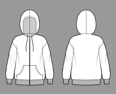 Fermuarlı kapüşonlu kapüşonlu sweatshirt. Uzun kollu, geniş kollu, kanguru kesesi, kaburga bilekliği bantlı.