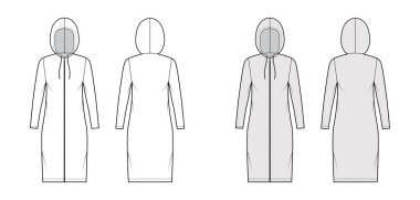 Fermuarlı kapüşonlu elbise uzun kollu, diz boyu, büyük beden, dolgun kalem. Düz 