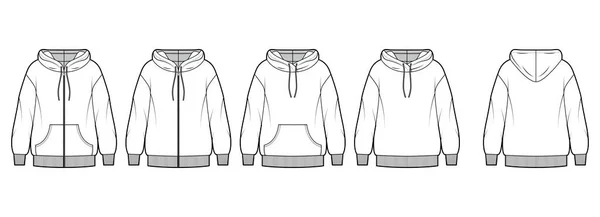 Set van Zip-up Hoody sweatshirt technische mode illustratie met lange mouwen, oversized body, etui, gebreide rib manchet — Stockvector