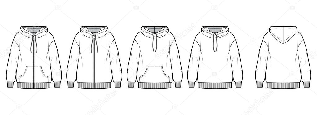 Set of Zip-up Hoody sweatshirt technical fashion illustration with long sleeves, oversized body, pouch, knit rib cuff