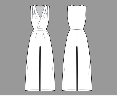 Oyun elbisesi tulumu genel olarak teknik moda illüstrasyonu tam boy, normal bel, yüksek katlı, tek katlı