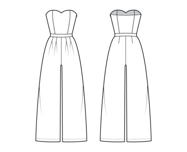 Askısız tulum tam boy, normal bel, yüksek katlı, çift katlı teknik moda illüstrasyonu. Düz