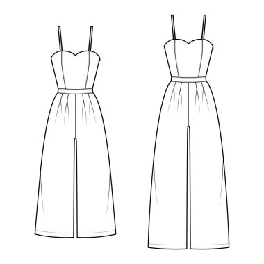 Cami tulumları tam ayak bileği uzunluğunda, yükselişte, çift katlı, kayışlı genel teknik moda illüstrasyonuna sahip.