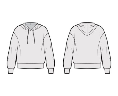 Kapüşonlu kazak uzun kollu, büyük beden, bantlı etek, kol manşetli teknik moda illüstrasyonu. Düz büyük