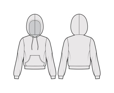 Uzun kollu kapüşonlu kapüşonlu sweatshirt, rahat vücut, kanguru kesesi, bantlı etek, askılı tel.