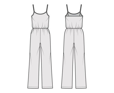 Gecelik tulumu Dungaree genel olarak teknik moda illüstrasyonu, tam boy, normal elastik bel, büyük beden