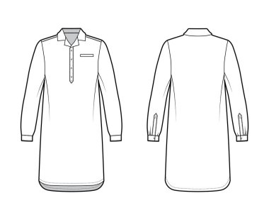 Gecelikli pijama, diz boyu, klasik Henley yakalı, uzun kollu.