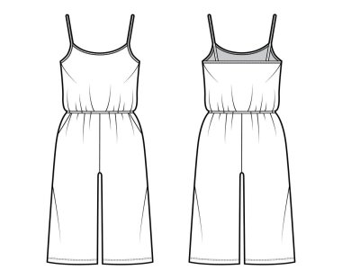 Gecelik tulumu Dungaree. Diz boyu, normal bel ölçüsü, büyük beden, cepleri olan teknik tasvirler.