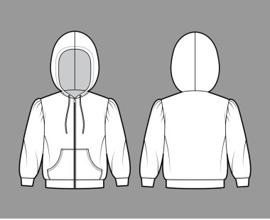 Fermuarlı kapüşonlu kapüşonlu sweatshirt, dirsek kollu, rahat vücut, kanguru kesesi, bantlı etek