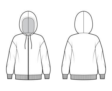 Fermuarlı kapüşonlu kapüşonlu sweatshirt uzun kollu, büyük bedenli, pirzola manşetli, bantlı etekli