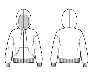 Fermuarlı kapüşonlu kapüşonlu sweatshirt, uzun kollu, büyük beden, kanguru kesesi, örgü kaburga manşet, hem