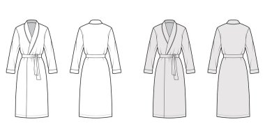 Bornoz giydirme teknik moda illüstrasyonu. Diz boyu, büyük boy, kravat, uzun kollu.