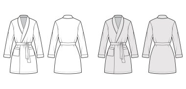 Bornoz giydirme teknik moda illüstrasyonu. Kısa açık, mini boy, büyük boy, kravat, cep, uzun kollu.