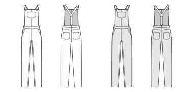 Dungaree Denim tulumu. Teknik moda illüstrasyonu. Zemin uzunluğu, normal bel, yüksek binalar, cepler.