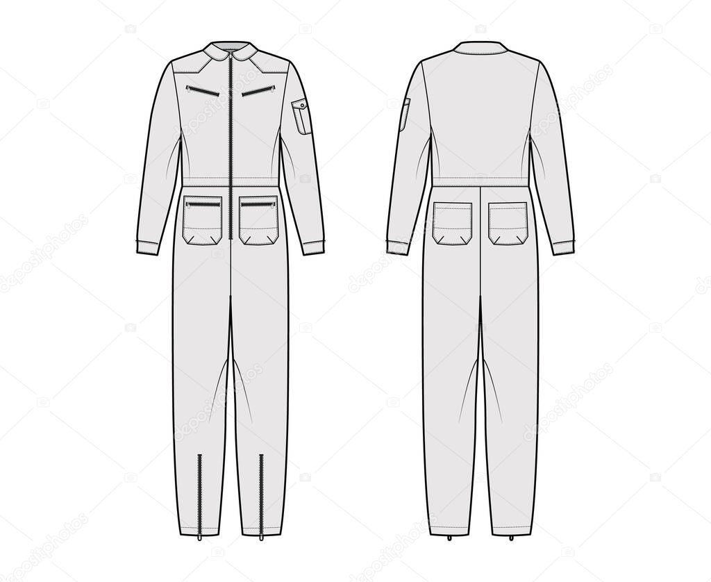 Download Aviator Jumpsuit Overall Dungarees Technical Fashion Illustration With Full Length Normal Waist Zipper Pockets Oversized Flat Apparel Front Back Grey Color Style Women Men Unisex Cad Mockup Premium Vector In Adobe