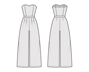 Askısız tulum tam boy, normal bel, yüksek katlı, çift katlı teknik moda illüstrasyonu. Düz