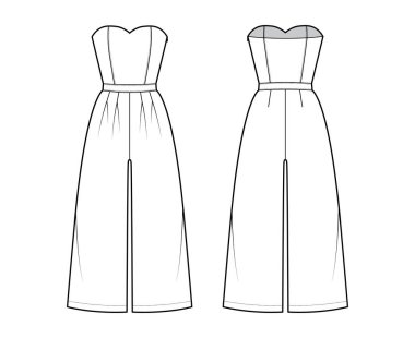 Tulumlar ayak bileği uzunluğunda, normal bel, kalkış, çift katlı, straplez desenli genel teknik moda illüstrasyonuna sahiptir.