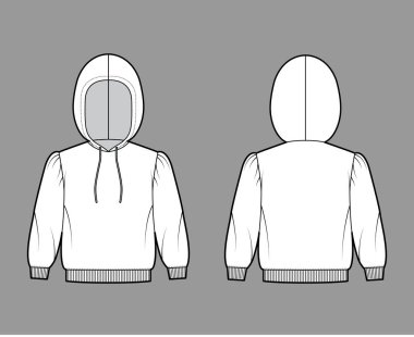 Kapüşonlu eşofman üstü teknik tasviri dirsek kollu, vücudu gevşetiyor, kaburga bilekliği örüyor, bileklik takıyor, iplik takıyor.