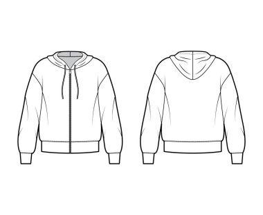 Fermuarlı kapüşonlu kapüşonlu sweatshirt, uzun kollu, büyük beden, bantlı etek, manşet. Düz büyük