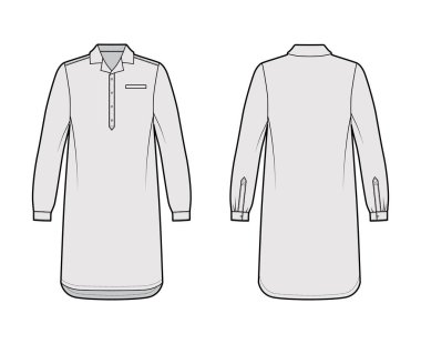 Gecelikli pijama, diz boyu, klasik Henley yakalı, uzun kollu.