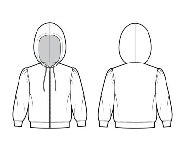 Fermuarlı kapüşonlu kapüşonlu sweatshirt, dirsek kollu, rahat vücut, bantlı etek, askılı ip. Düz küçük