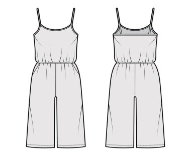 Gecelik tulumu Dungaree. Diz boyu, normal bel ölçüsü, büyük beden, cepleri olan teknik tasvirler.