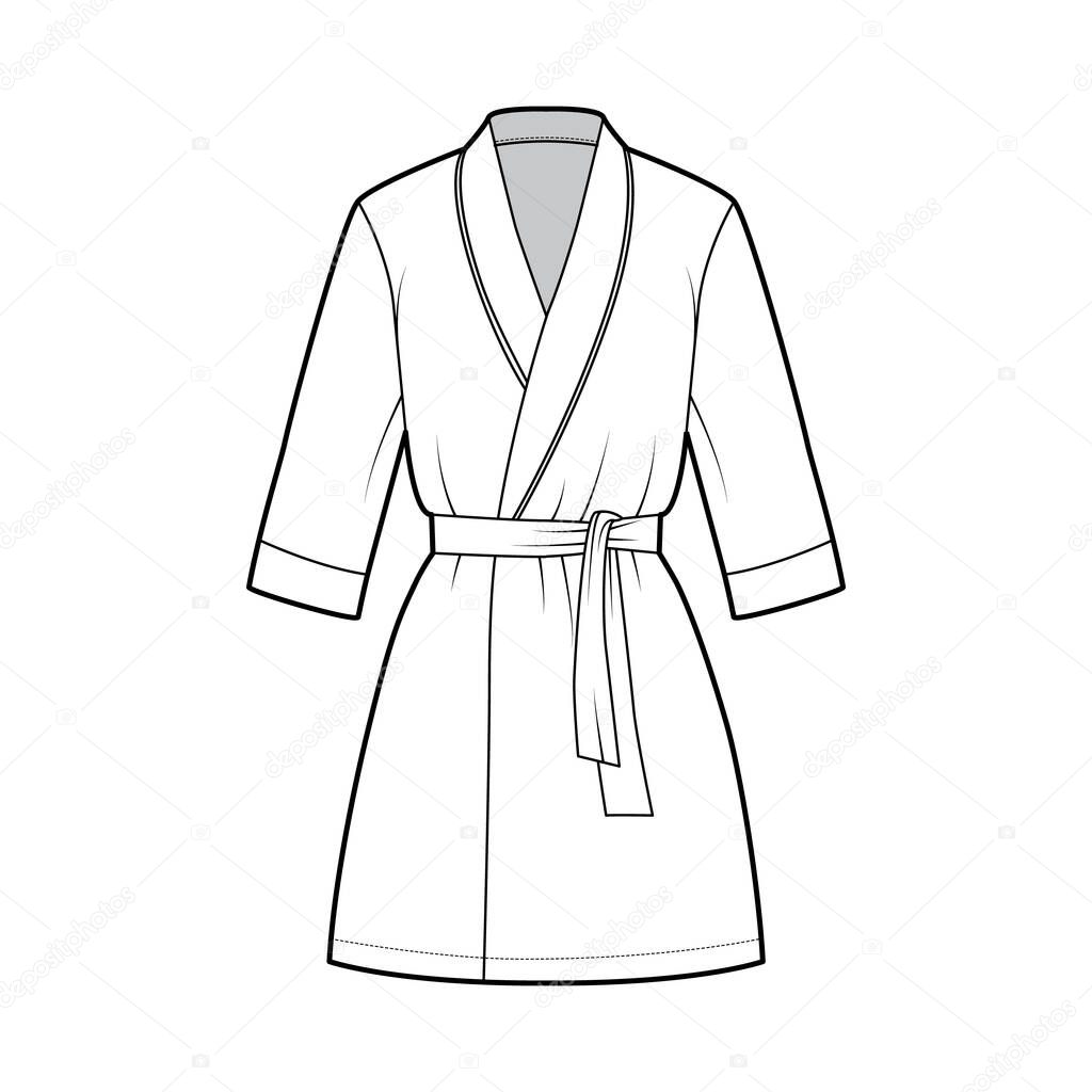 Bathrobe Dressing Gown Technical Fashion Illustration With Wrap Opening Mini Length Oversized Tie Elbow Sleeves Flat Apparel Garment Front White Color Style Women Men Unisex Cad Mockup Premium Vector In Adobe
