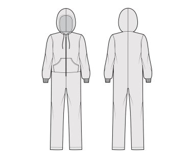 Tulum, tulum, pijama, teknik moda. Uzun, kapüşonlu, fermuarlı, kanguru kesesi.