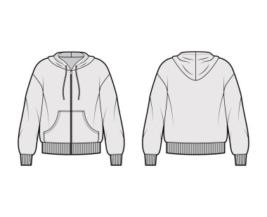 Fermuarlı kapüşonlu kapüşonlu sweatshirt uzun kollu, kanguru keseli, kaburga manşetli, bantlı