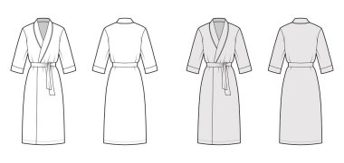 Bornoz giydirme teknik moda illüstrasyonu. Diz boyu, büyük boy, kravat, dirsek kolları.