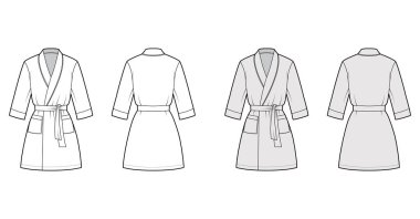 Bornoz giydirme teknik moda illüstrasyonları, mini boy, büyük boy, cep, dirsek kollu.