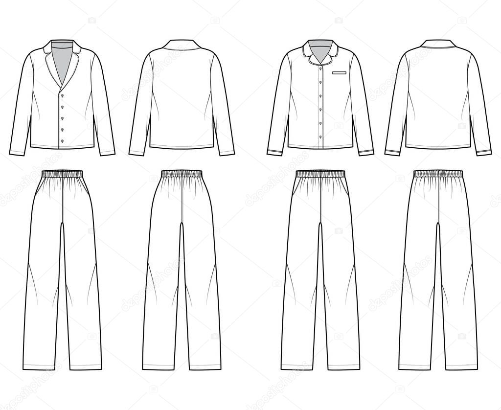 Set of Sleepwear Pajamas shirt, pants technical fashion illustration with full length, normal low waist, oversized
