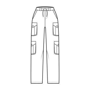 Kargo pantolonları, normal bel, yüksek binalar, cepler, kemer düğümleri, tam boy. Düz